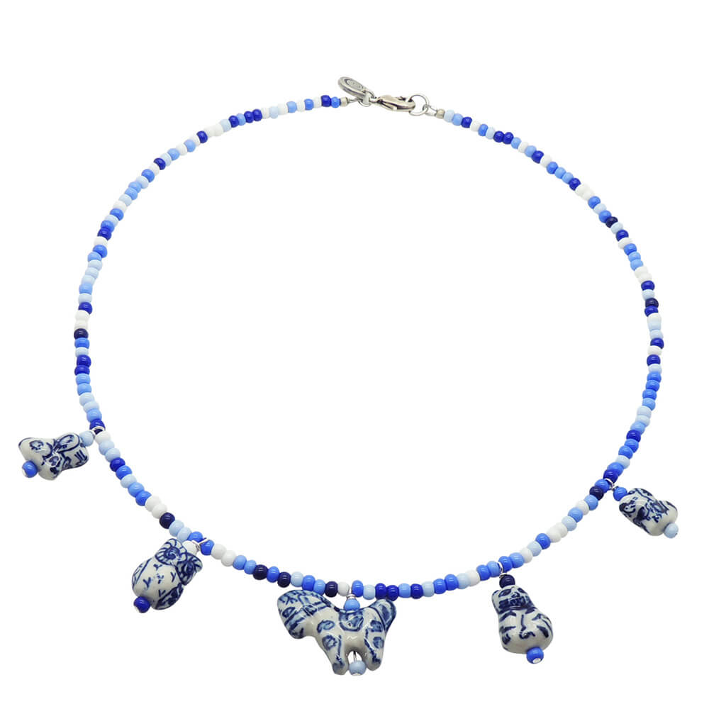 Dana Levy Blue & White Porcelain Pet Animal Charms Glass Rocaille Bead Mix Necklace - Sky Blue Mix