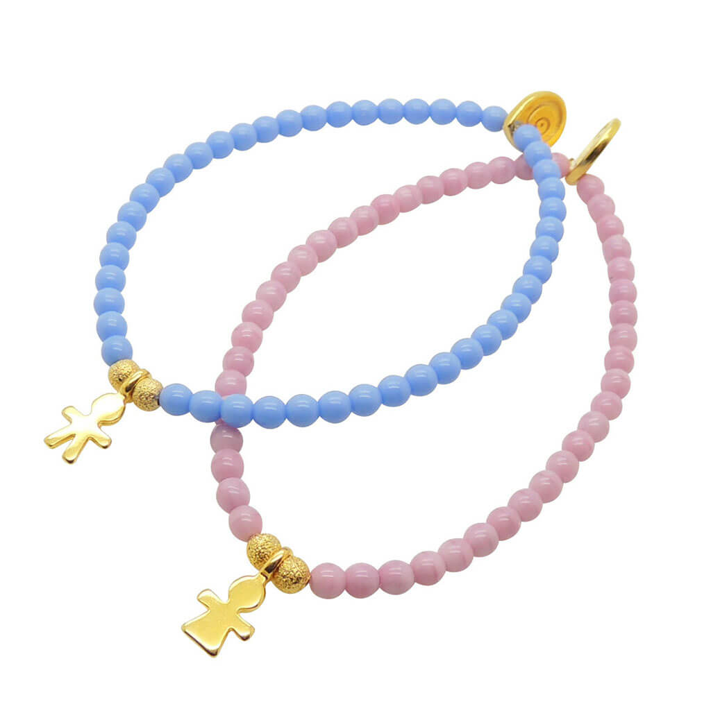Dana Levy Little Icons Glass Bead Bracelet s duo - Gold plated boy icon with cornflower blue glass beads, and girl icon with light pink glass beads.