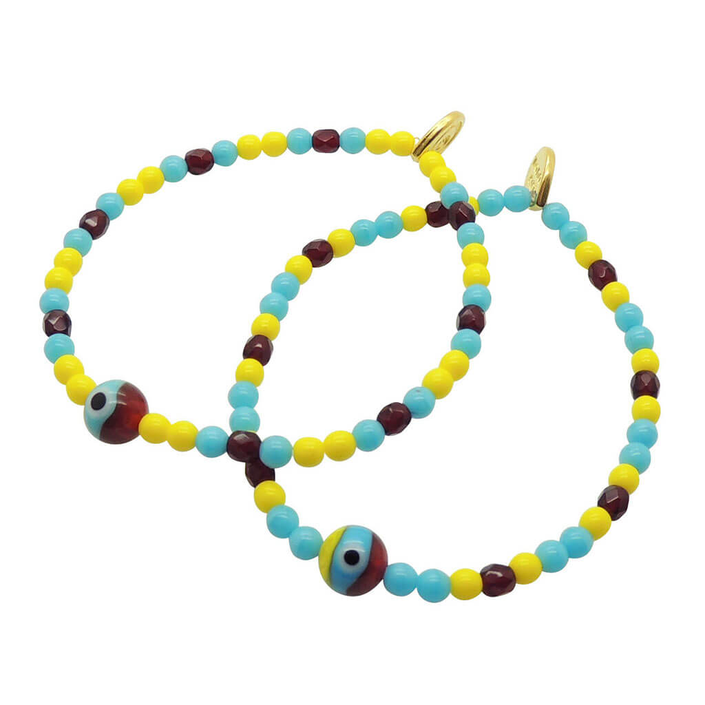 Dana Levy Camouflage Evil Eye Charm Glass Crystal Bead Mix Bracelet - Pair of bracelets in yellow and turquoise.