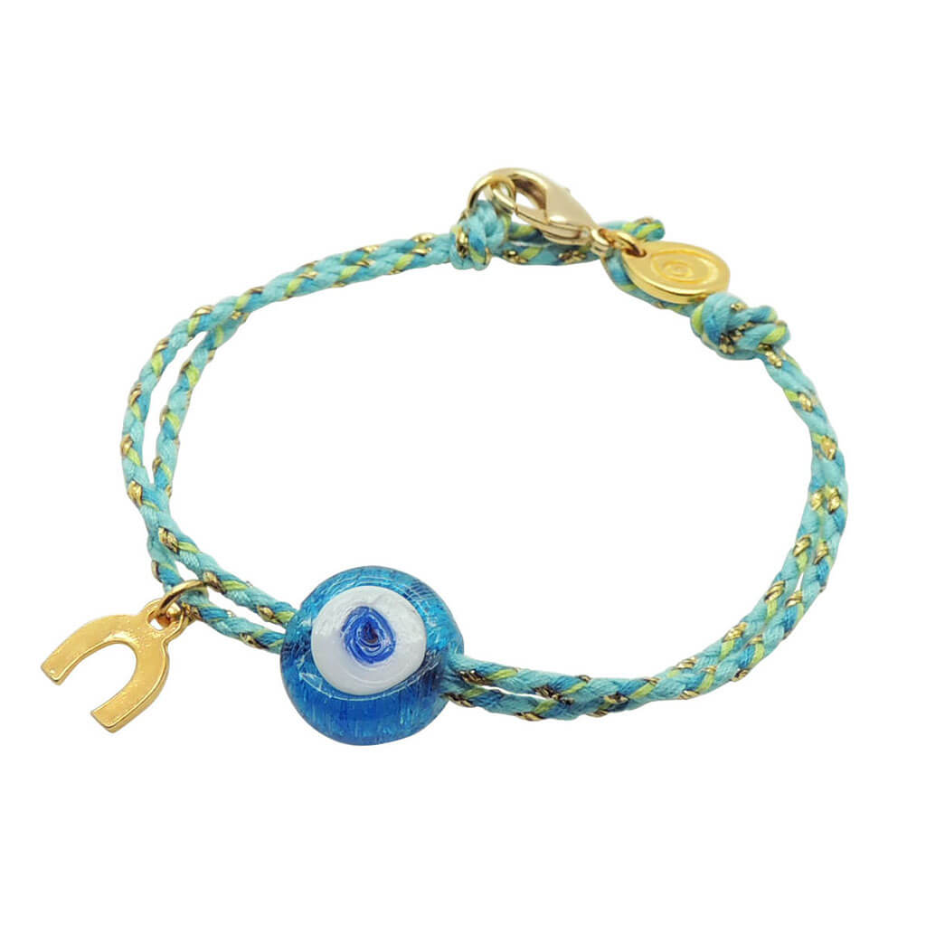 Dana Levy Evil Eye & Lucky Charm Duo Multicolour Braid Cord Bracelet - Transparent Turquoise Eye and Gold Horseshoe Charm.