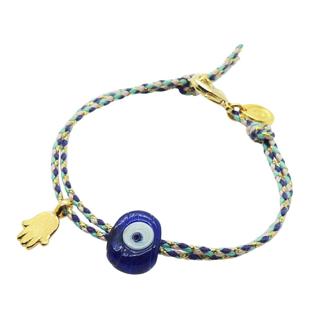 Dana Levy Evil Eye & Lucky Charm Duo Multicolour Braid Cord Bracelet - Transparent Royal Blue Eye and Gold Hamsa Hand Charm.