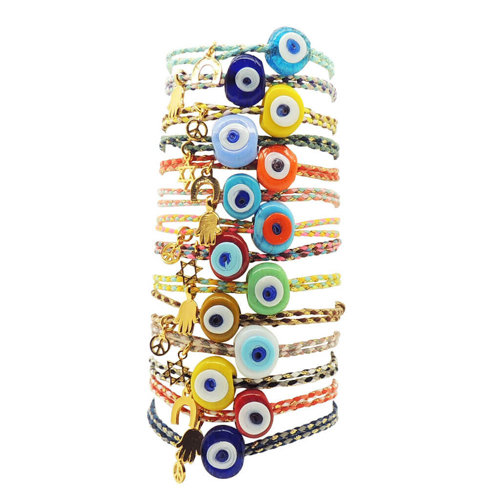 Dana Levy Evil Eye & Lucky Charm Duo Multicolour Braid Cord Bracelet - Group Stack of Bracelets in a mix of colours and charms.