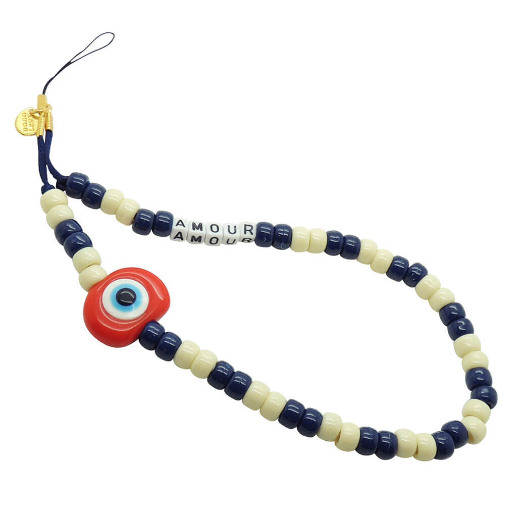 Dana Levy Eye Candy Personalised Name Phone Charm Strap - Amour with Navy and Cream Bead Colours and a Red Evil Eye Charm