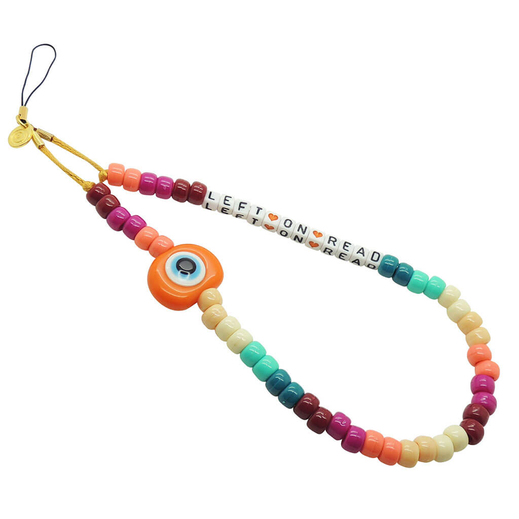Dana Levy Eye Candy Personalised Name Phone Charm Strap - Left on Read with sunset colours and orange evil eye charm.
