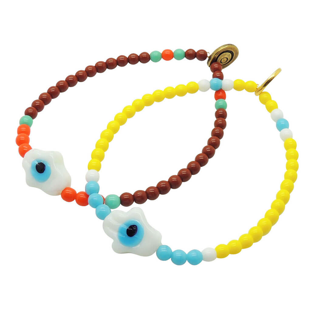 Dana Levy Glass Hamsa Hand Amulet Glass Bead Mix Bracelet - Pair of bracelets - Brown Aqua and Orange Glass Beads on one and Yellow White and Turquoise Beads.