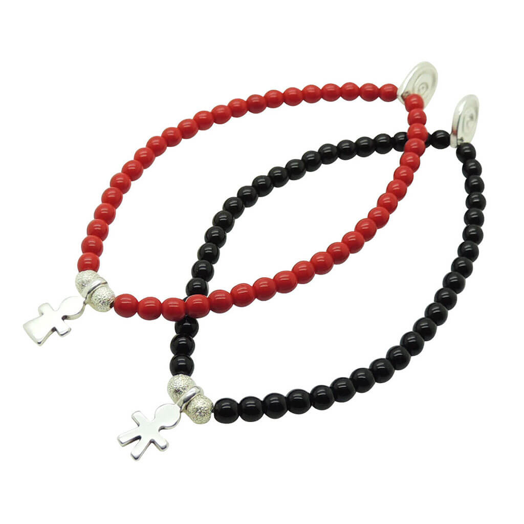 Dana Levy Little Icons Glass Bead Bracelet - Silver plated girl icon with red glass beads, and silver boy icon with black glass beads.