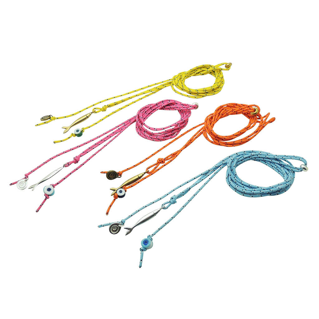 Dana Levy Lucky Catch Nautical Cord Necklaces in yellow, pink, orange and light blue.