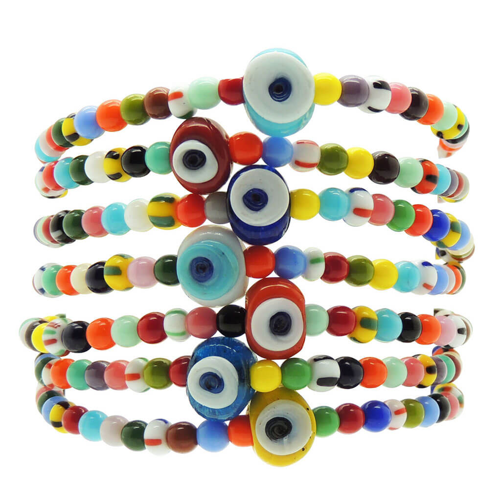 Dana Levy Mini Evil Eye Nugget Balagan Glass Bead Bracelet - Stack of bracelets in various colours.