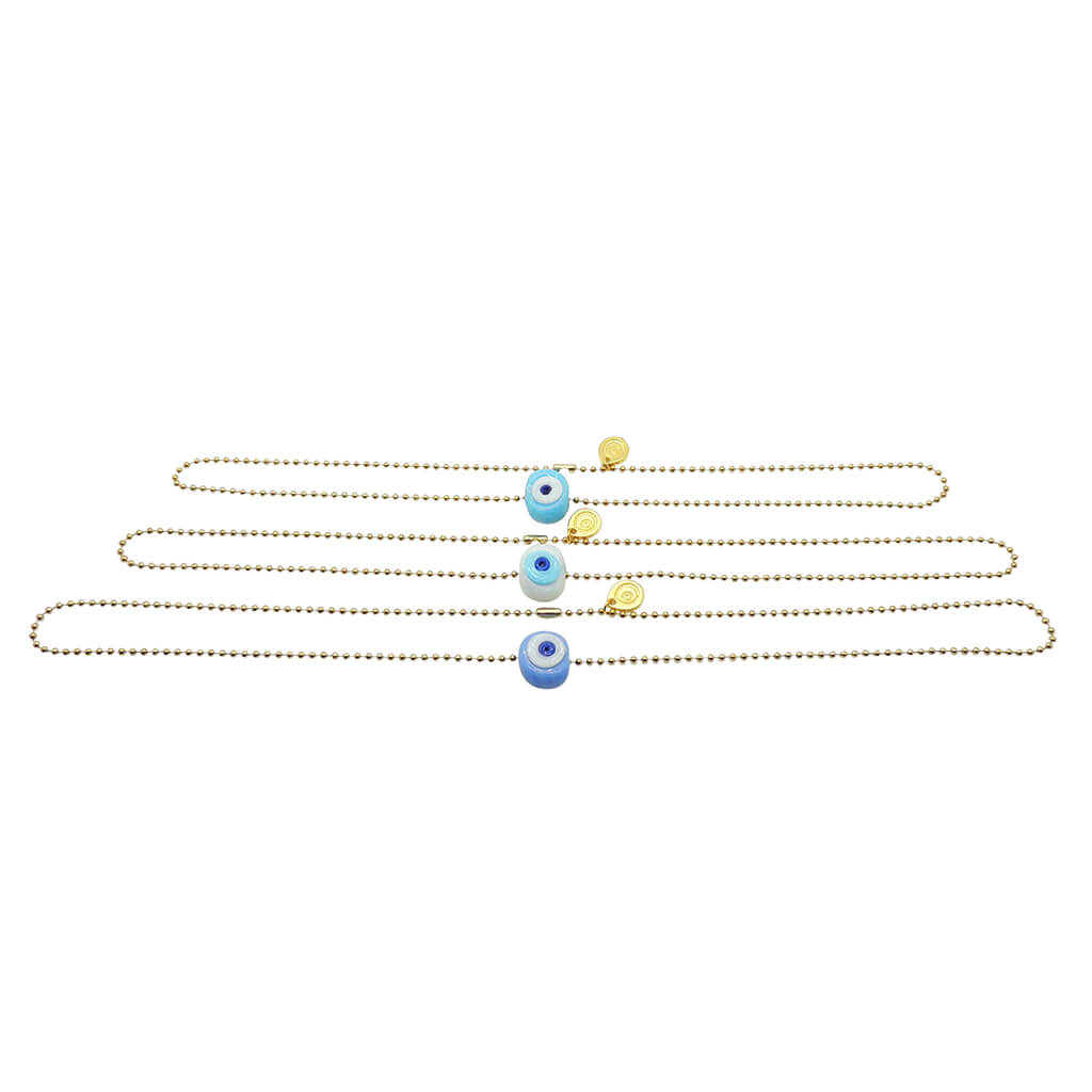 Dana Levy Mini Twin Aura Evil Eye Amulet Ball Chain Necklace - Trio of Colours: Cornflower Blue, White and Turquoise.