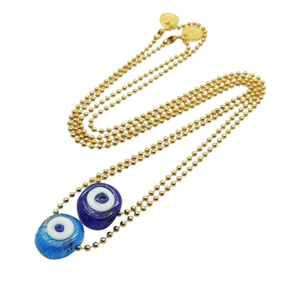 Dana Levy Mini Twin Aura Evil Eye Amulet Ball Chain Necklace - Transparent Turquoise and Royal Blue Evil Eye Amulets.