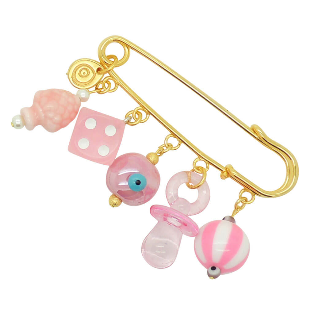 Dana Levy Newborn Lucky Number Five Charm Brooch - Gold Plated Brooch with Baby Pink Charms