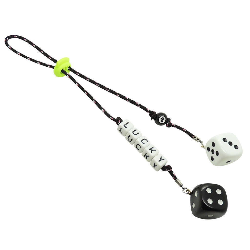 Dana Levy Personalised Name Lucky Dice Charm Duo Bag Charm that reads Lucky With White and Black Lucky Dice