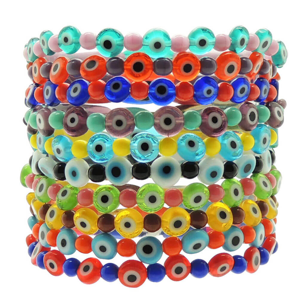 Dana Levy Petite Glass Evil Eye Charm Bead Bracelet stack.