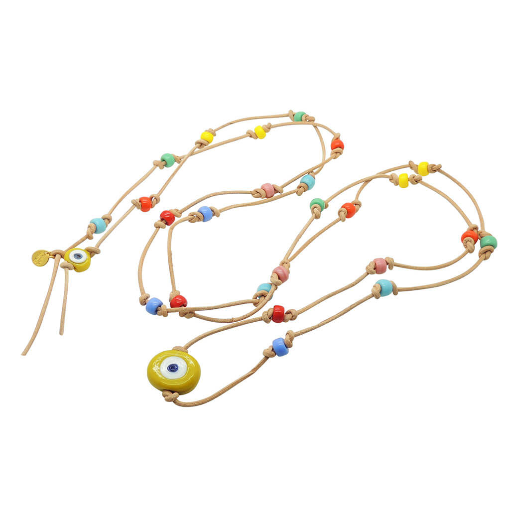 Dana Levy Rainbow Evil Eye Talisman Leather Cord Lariat Necklace - Mustard yellow evil eye