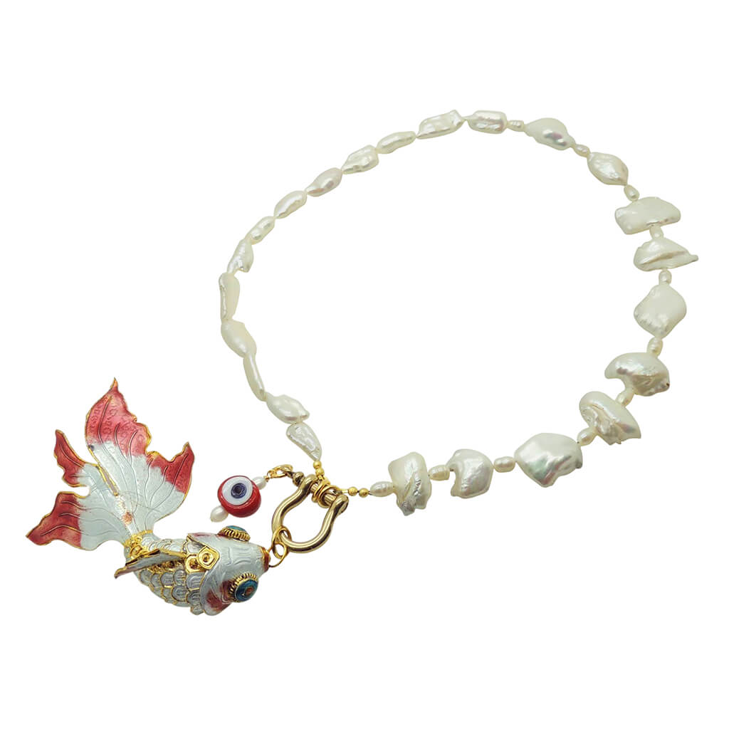 Dana Levy Sirena Freshwater Pearl Necklace - White/Red Fish Red Eye