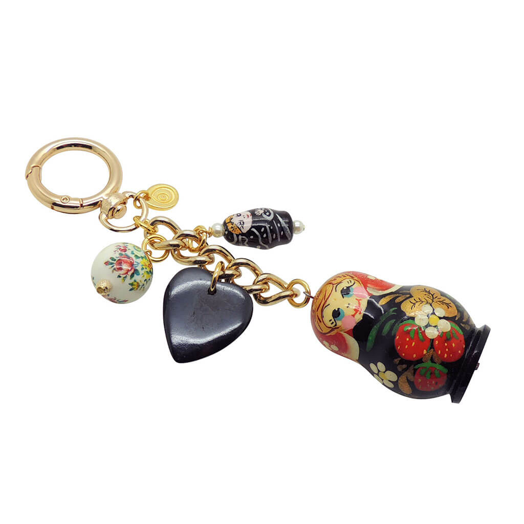 Dana Levy Vintage Nesting Doll Bag Charm in Black Red with Black Heart