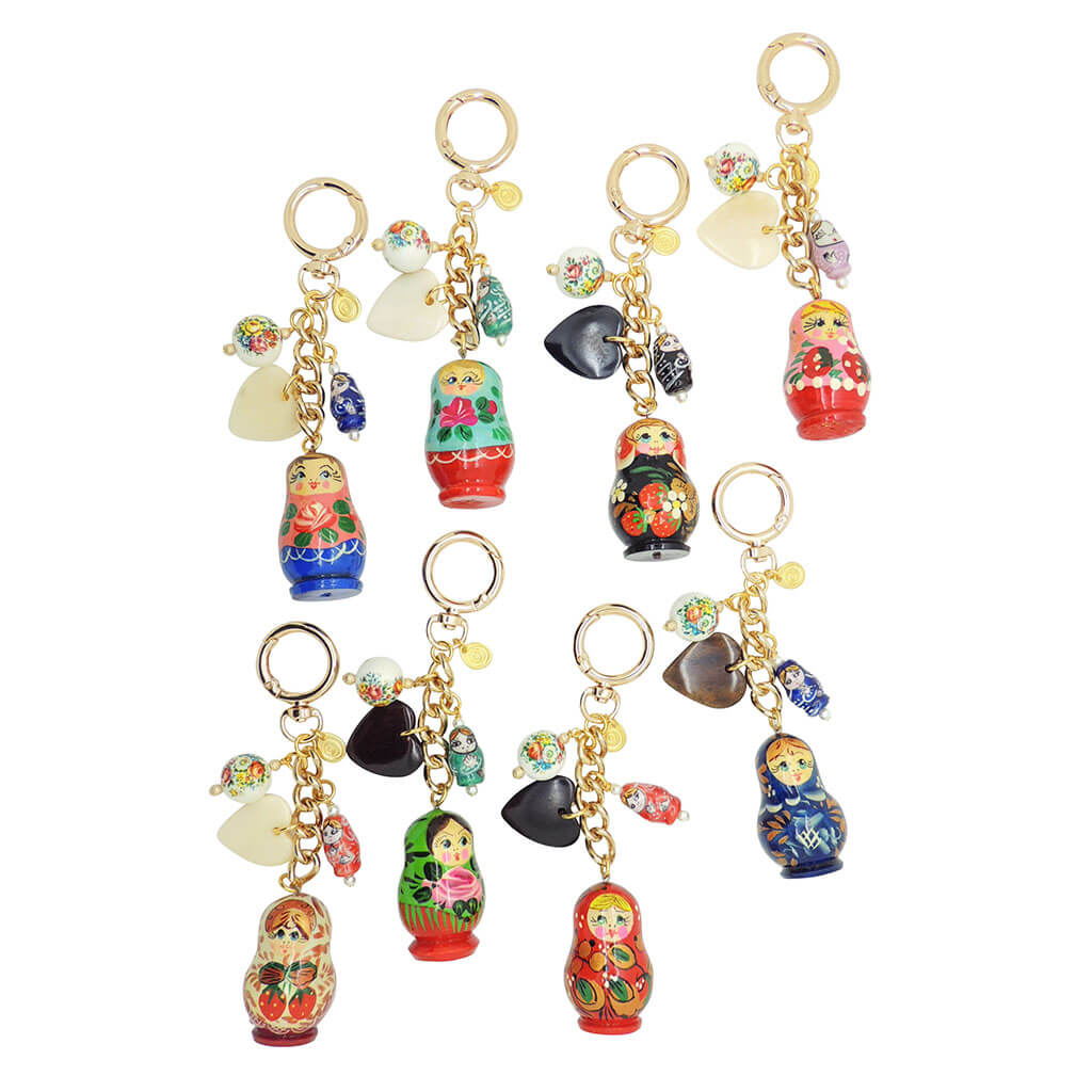 Dana Levy Vintage Nesting Doll Bag Charms in a variety of colours.