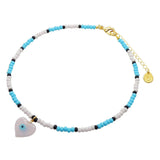 Dana Levy Evil Eye Heart Charm Glass Bead Trio Choker - Pink Heart Turquoise Baby Pink Black Beads