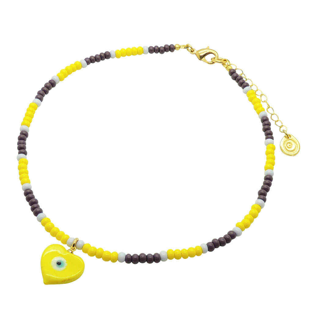 Dana Levy Evil Eye Heart Charm Glass Bead Trio Choker - Yellow Heart Plum Yellow Lilac Beads