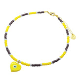 Dana Levy Evil Eye Heart Charm Glass Bead Trio Choker - Yellow Heart Plum Yellow Lilac Beads