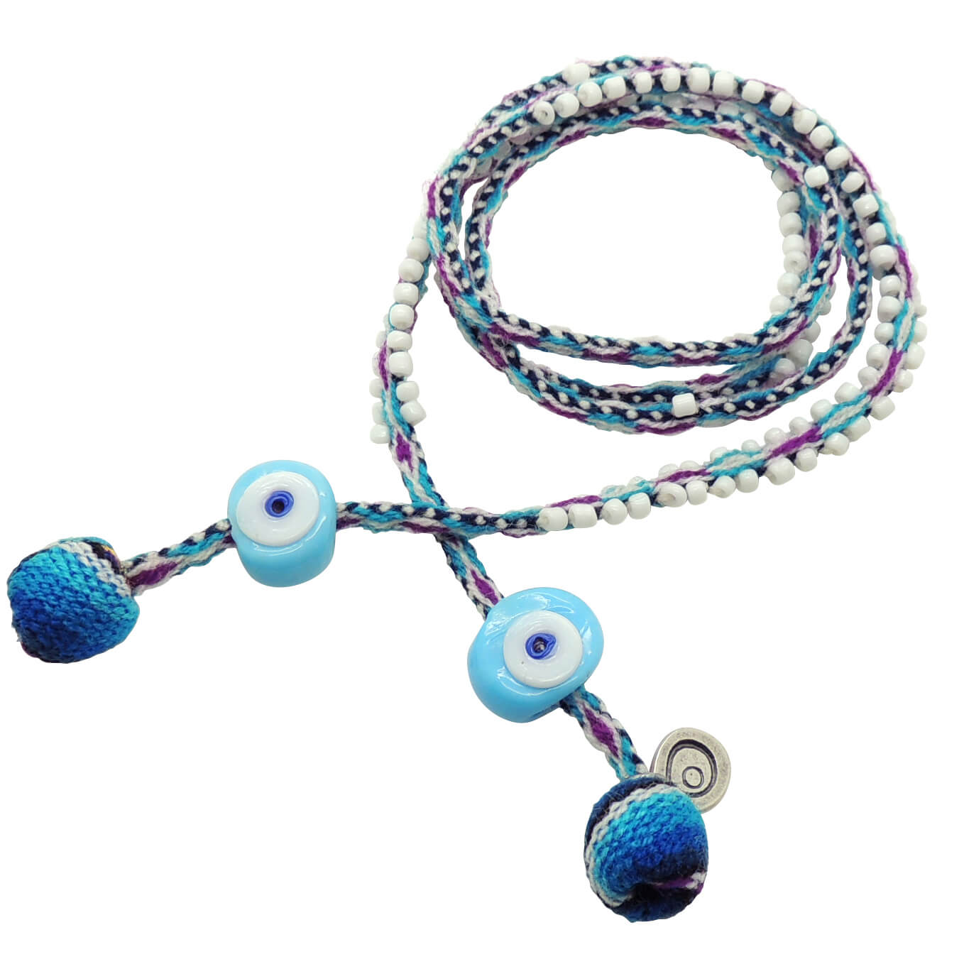 Dana Levy Evil Eye Nugget Lima Beaded Cord Wrap Bracelet - Opaque Turquoise White Evil Eye Blue Mix