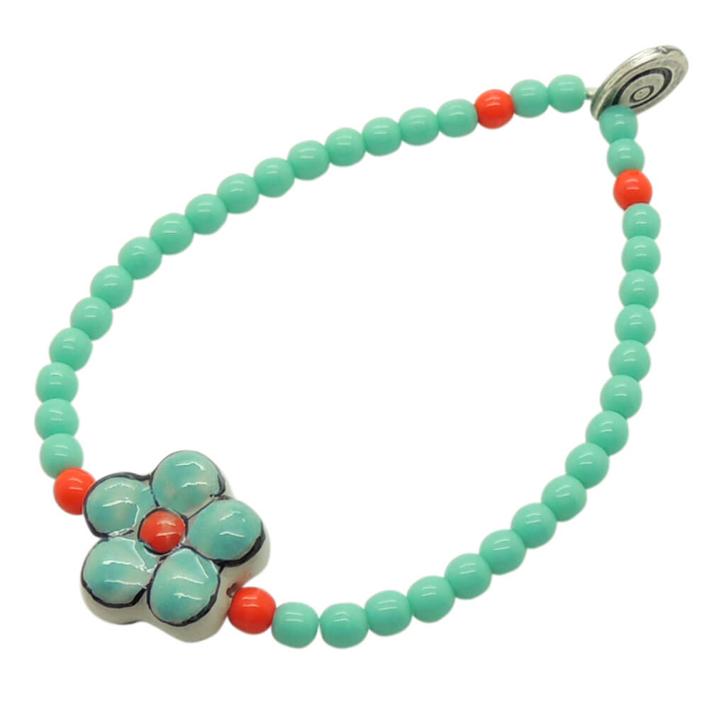 Dana Levy Porcelain Flower Charm Glass Bead Duo Bracelet - Aqua Flower Aqua Coral Glass Beads