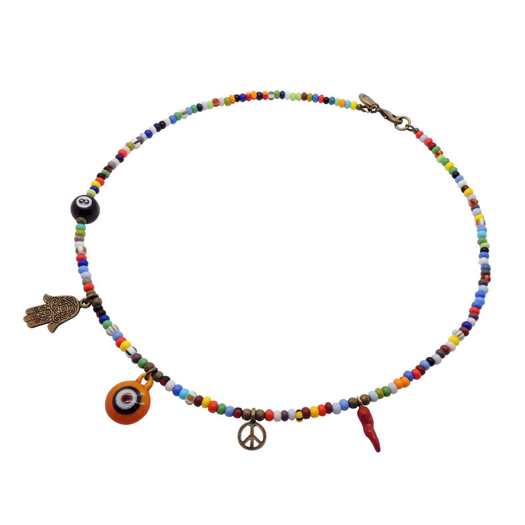 Dana Levy 5 Lucky Charms Balagan Glass Bead Necklace - Antique Gold Plate