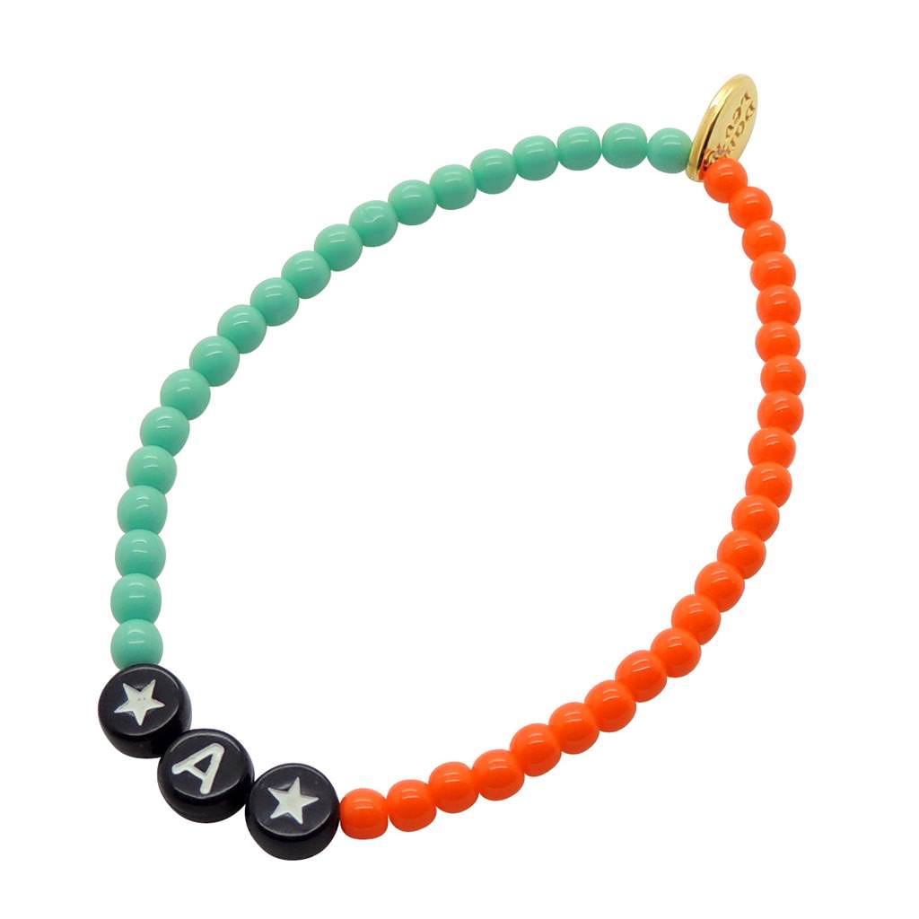 Dana Levy Personalised Name Colour Duo Glass Bead Bracelet - White Text on Black / Black Bead White Star Charm / Left: Aqua - Right: Orange Glass Beads