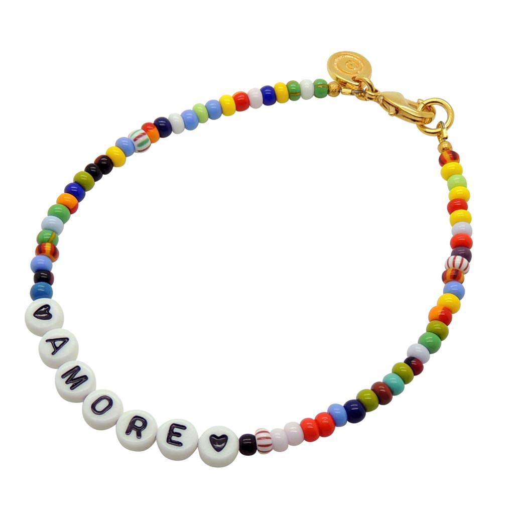 Dana Levy Personalised Name Balagan Glass Bead Anklet - Amore / White Letters Black Text / White Black Heart Beads