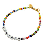 Dana Levy Personalised Name Balagan Glass Bead Anklet - Amore / White Letters Black Text / White Black Heart Beads