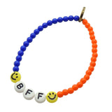 Dana Levy Personalised Name Colour Duo Glass Bead Bracelet - BFF / Black Text on White / Yellow Smiley Charms / Left: Royal Blue - Right: Orange Glass Beads