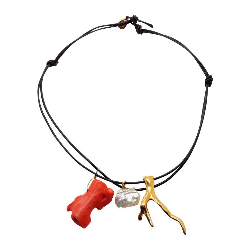 Dana Levy Coral Pearl Charm Trio Leather Cord Necklace - Black Cord