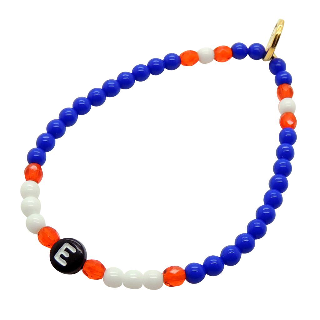 Dana Levy Initial Letter Charm Glass Bead Mix Bracelet with the Letter E, Royal Blue and White Opaque Glass Beads and Sun Orange Faceted Beads.