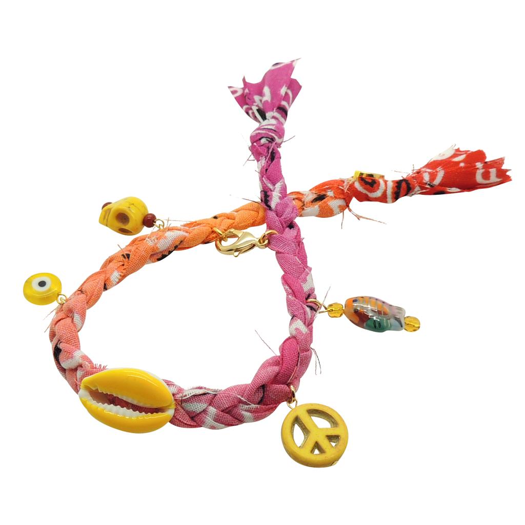 Dana Levy Beach Charms Bandana Braid Friendship Bracelet - Fuchsia/Pink/Orange/Red- Yellow Charms