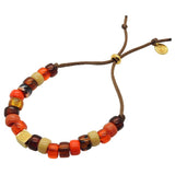 Dana Levy Personalised Initial Alphabet Cube Charm Candy Bead Satin Cord Bracelet with a Smiley Charm and Orange Brown Mix on Chocolate Brown Cord.