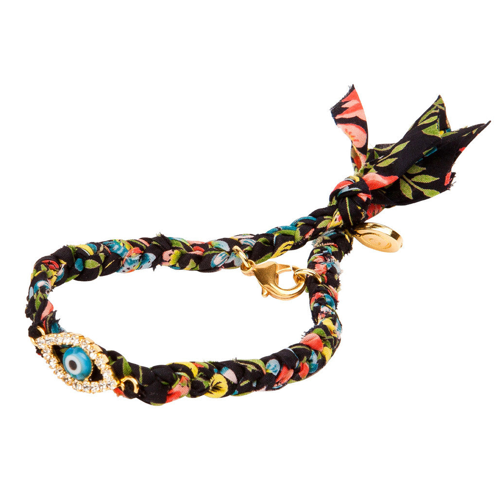 Dana Levy Diamante Evil Eye Lucky Charm Liberty Print Braid Bracelet - Black Floral Liberty Print