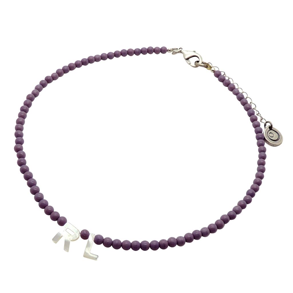 Dana Levy Mother of Pearl Shell Alphabet Letter Duo Czech Glass Bead Choker - RL Dark Lilac Antique Silver