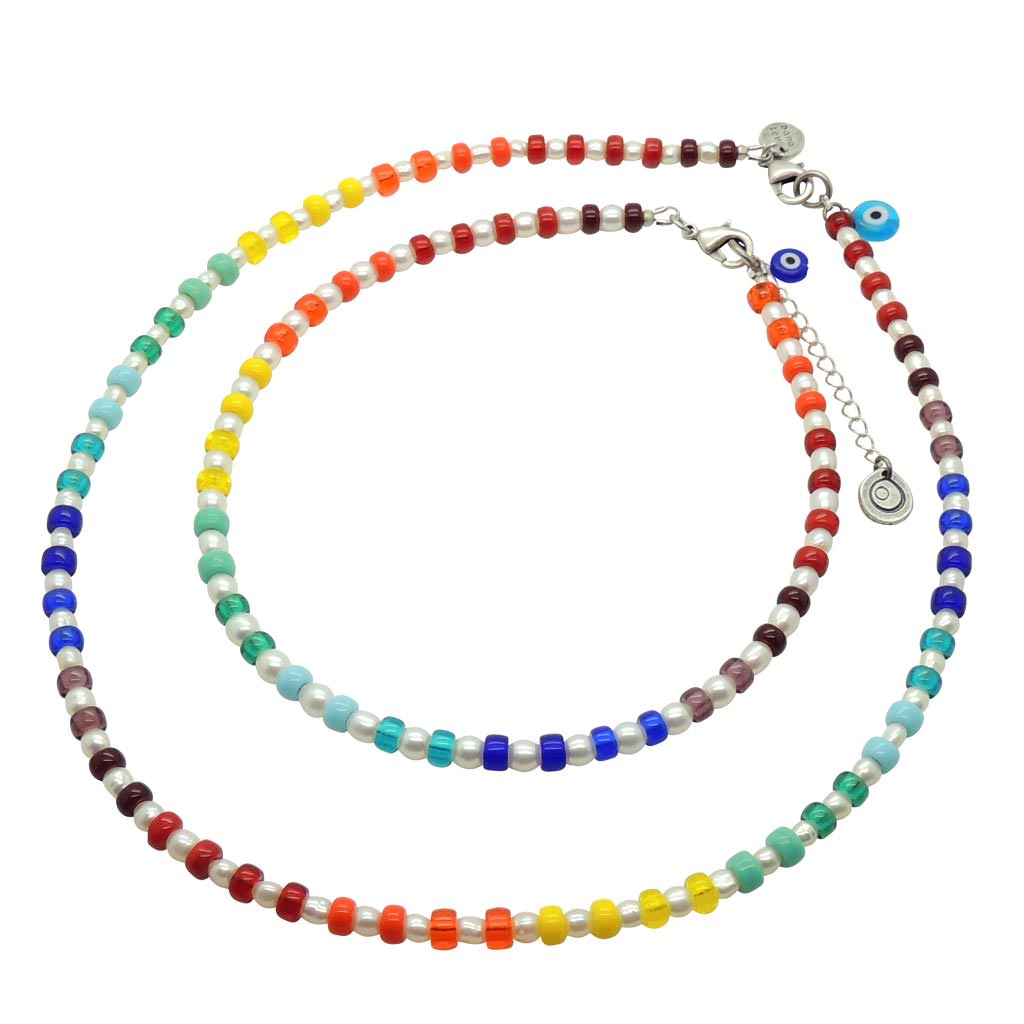 Dana Levy Evil Eye Charm Rainbow Spectrum Freshwater Pearl Necklace - Necklace and Choker Duo