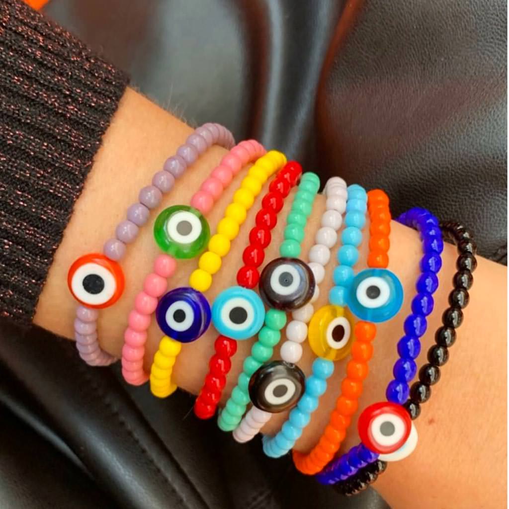 Dana Levy Evil Eye Charm Glass Bead Bracelet - Multicolour Stack on Wrist