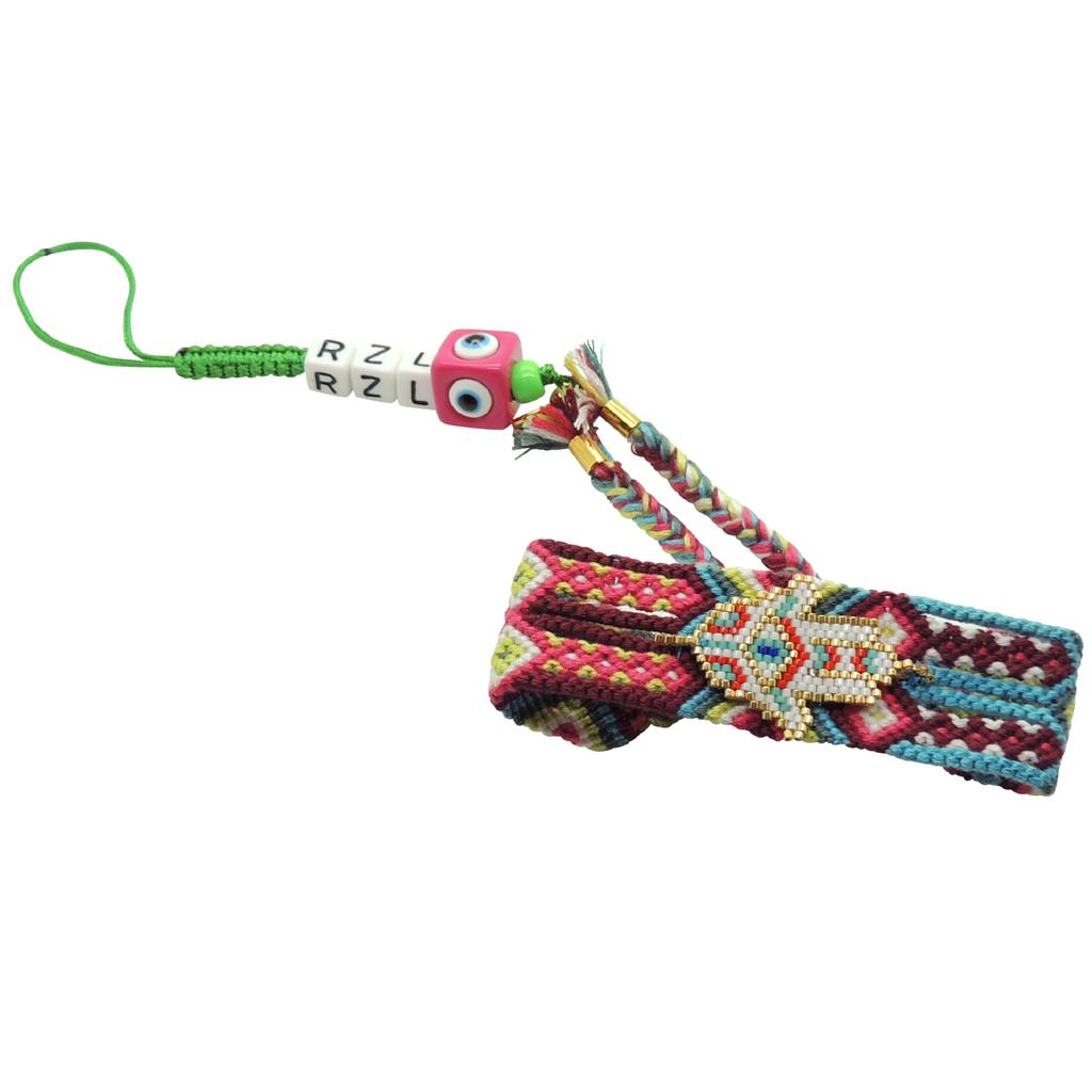 Dana Levy Personalised Initial Lucky Charm Beaded Maxi Friendship Phone Strap - Gold White Hamsa on Blue/Green/Bordeaux Mix Strap