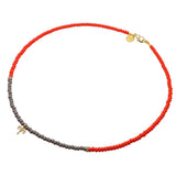 Dana Levy Mini Diamante Zodiac Symbol Charm Glass Bead Duo Necklace - Aries - Coral / Dark Grey