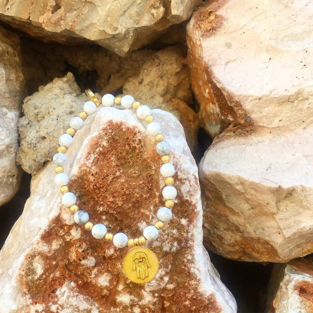 Dana Levy Enamel Hamsa Hand Charm Token Stardust Gemstone Mix Bracelet - Yellow Enamel and Howlite by Rocks