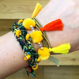 Dana Levy Liberty Print Evil Eye Double Wrap Braid Bracelet - On Wrist With Pompom & Tassel Bracelets