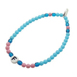 Dana Levy Initial Letter Charm Glass Bead Mix Bracelet with the Letter F, Turquoise  and Light Pink Opaque Glass Beads, and Capri Faceted Glass Beads.