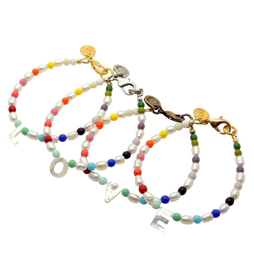 Dana Levy Mother of Pearl Initial Alphabet Charm Freshwater Pearl Rainbow Bracelet - LOVE Group