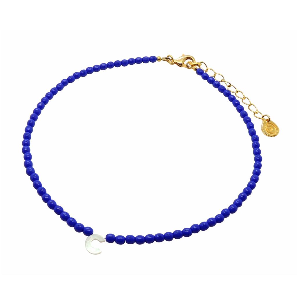 Dana Levy Mother of Pearl Shell Alphabet Letter Charm Czech Glass Bead Choker - Letter C Royal Blue Beads Gold Plate