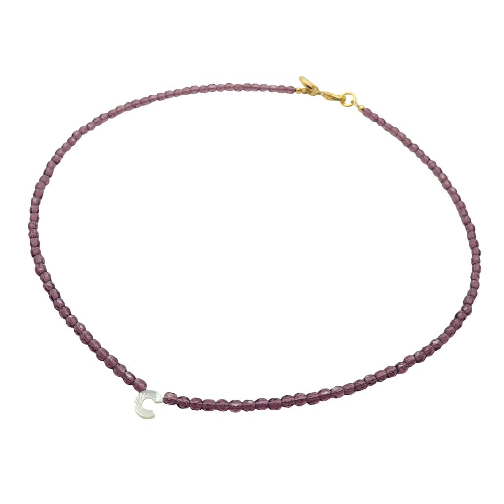 Dana Levy Mother of Pearl Shell Alphabet Letter Charm Faceted Glass Bead Necklace - Letter C Amethyst Purple Gold Plate