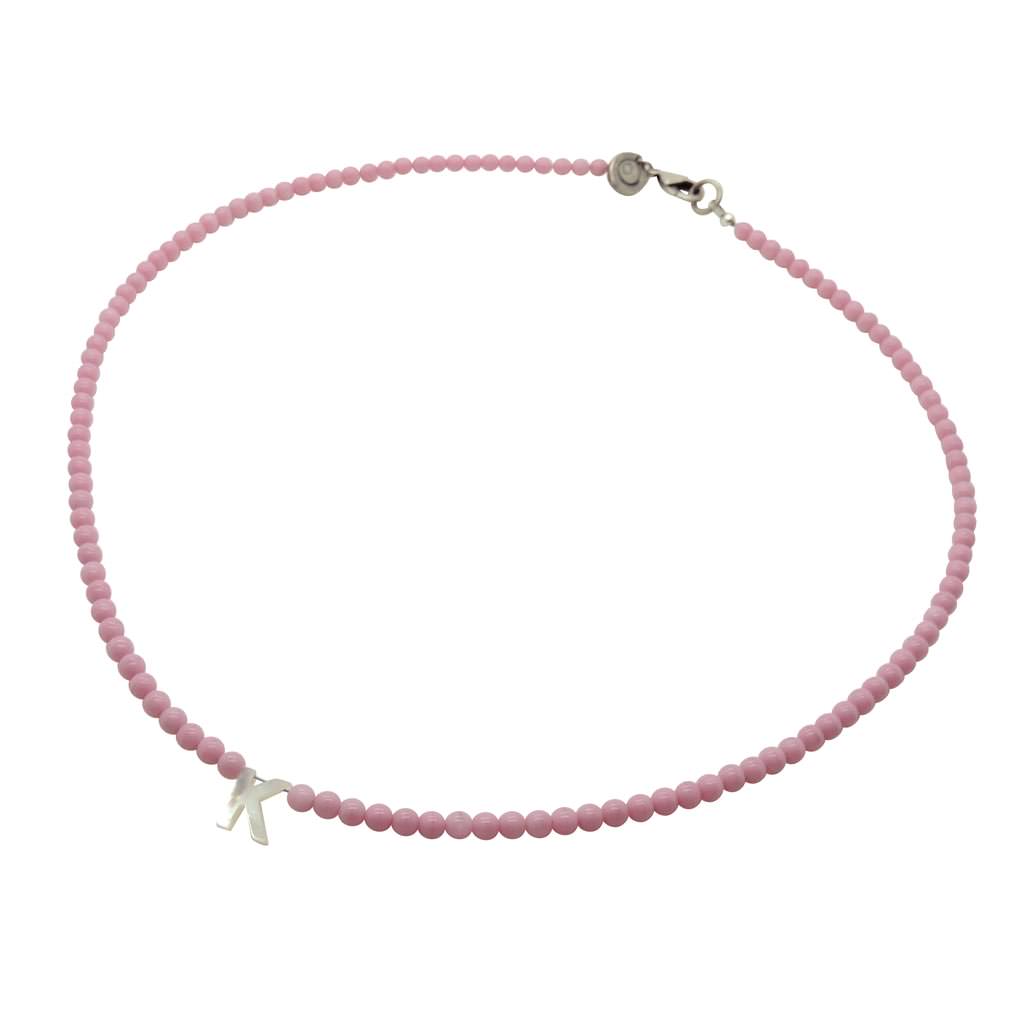Dana Levy Mother of Pearl Shell Alphabet Letter Charm Czech Glass Bead Necklace - Letter K Light Pink Beads Antique Silver