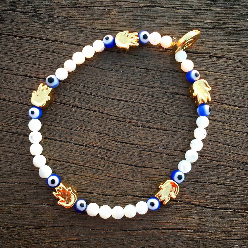 Dana Levy Solid Mini Hamsa Hand Evil Eye Charm Gemstone Bracelet - Gold Mother of Pearl Royal Blue Eye