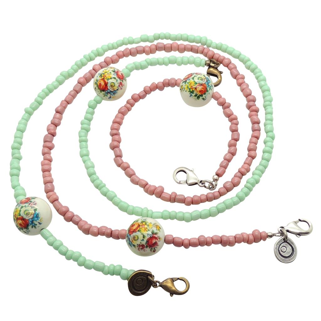 Dana Levy Retro Floral Charm Beaded Face Covering Chain - Mint Green and Dusty Pink Glass Beads